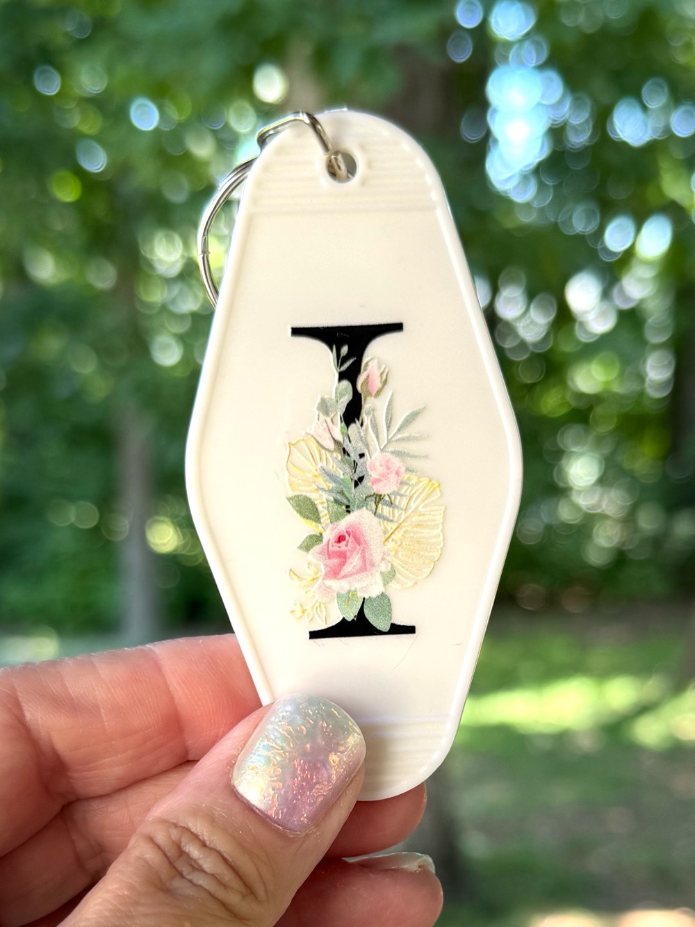Vintage style motel key 3.5” letter “I“ initial keychain gift idea